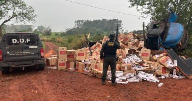 Vídeo: carregado de cigarros, caminhão foge do DOF, bate em árvore e capota na MS-386